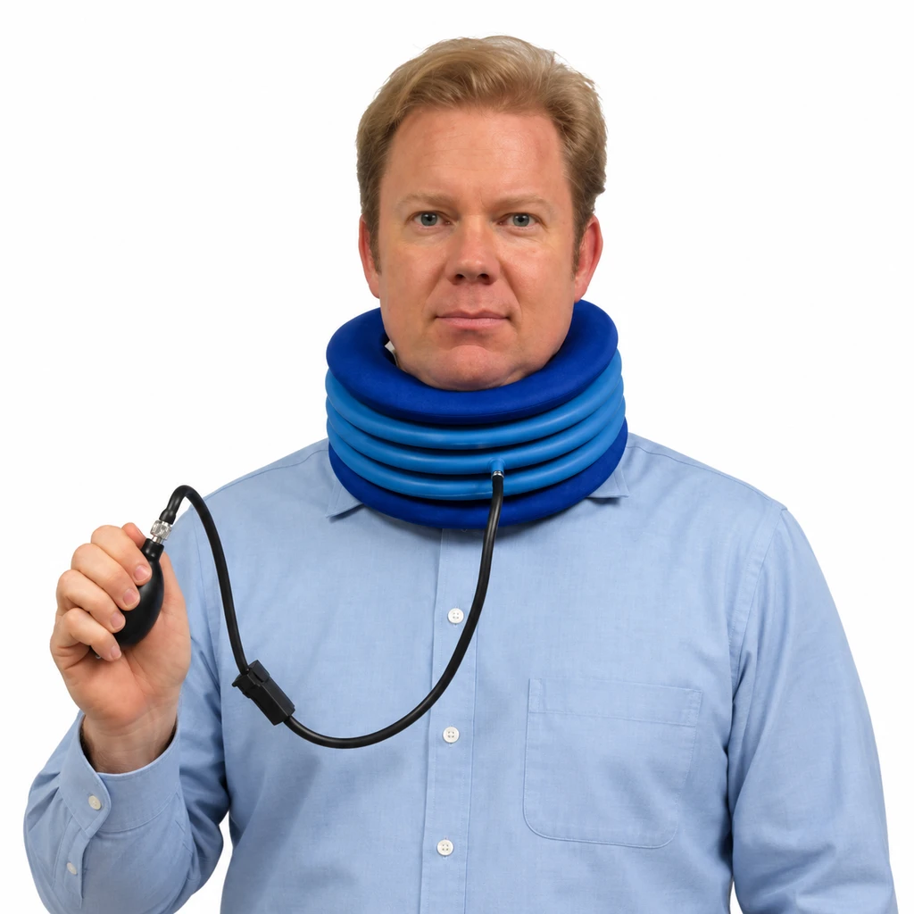 Man wearing the inflatable cervical traction unit and holding its hand pump