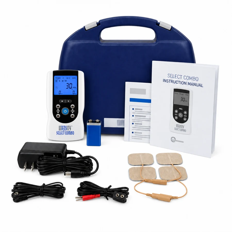 InTENSity Select Combo kit with device, carrying case, adapter, leads, pads, and manual