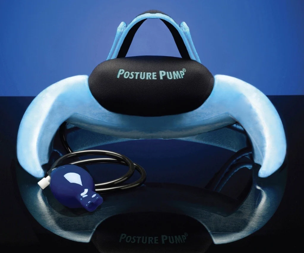 Front view of the Posture Pump neck support with its hand pump