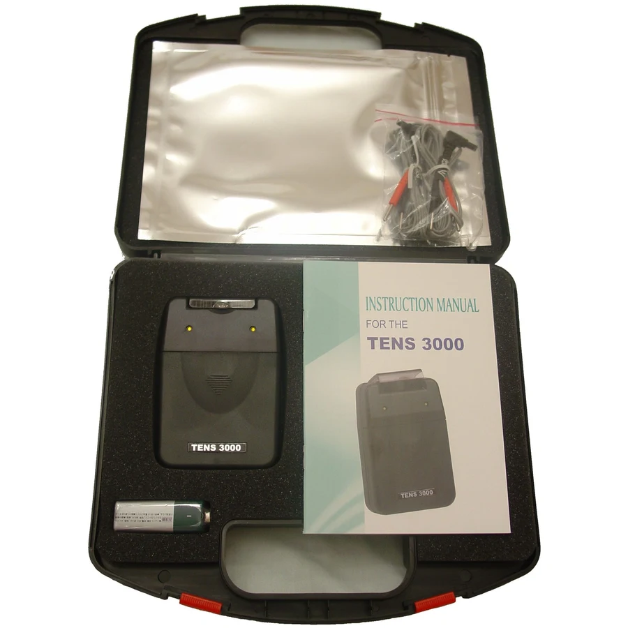 TENS 3000 kit with carrying case, controller, battery, leads, and manual