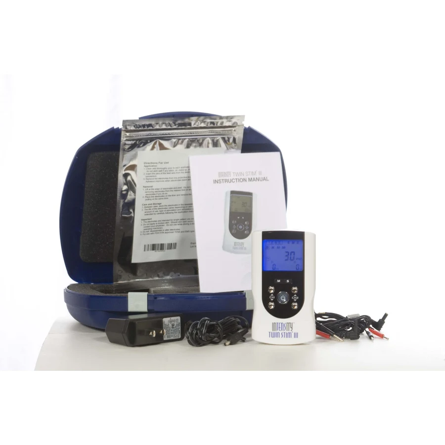 InTENSity Twin Stim III kit with controller, case, adapter, leads, and manual