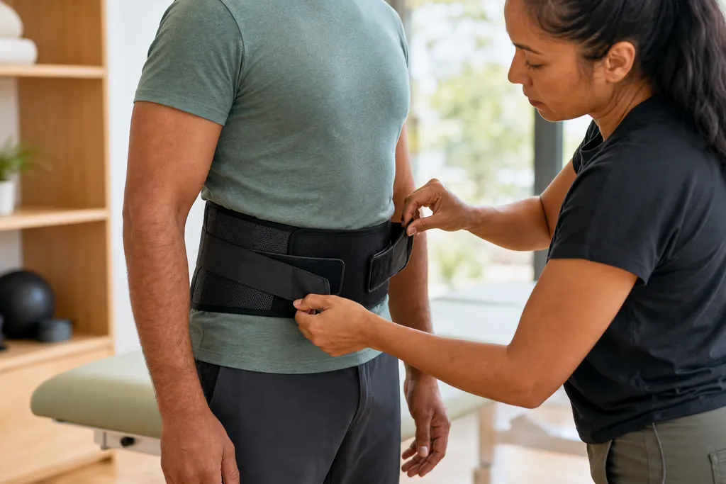Therapist adjusting a lumbar support brace on a patient