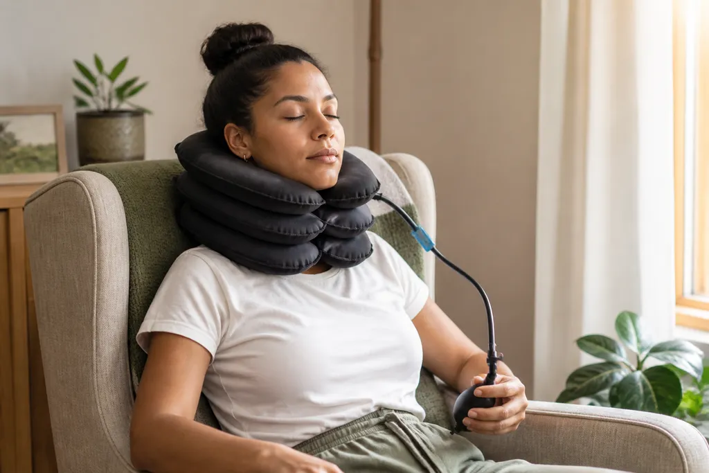 Person relaxing at home while using a cervical traction unit