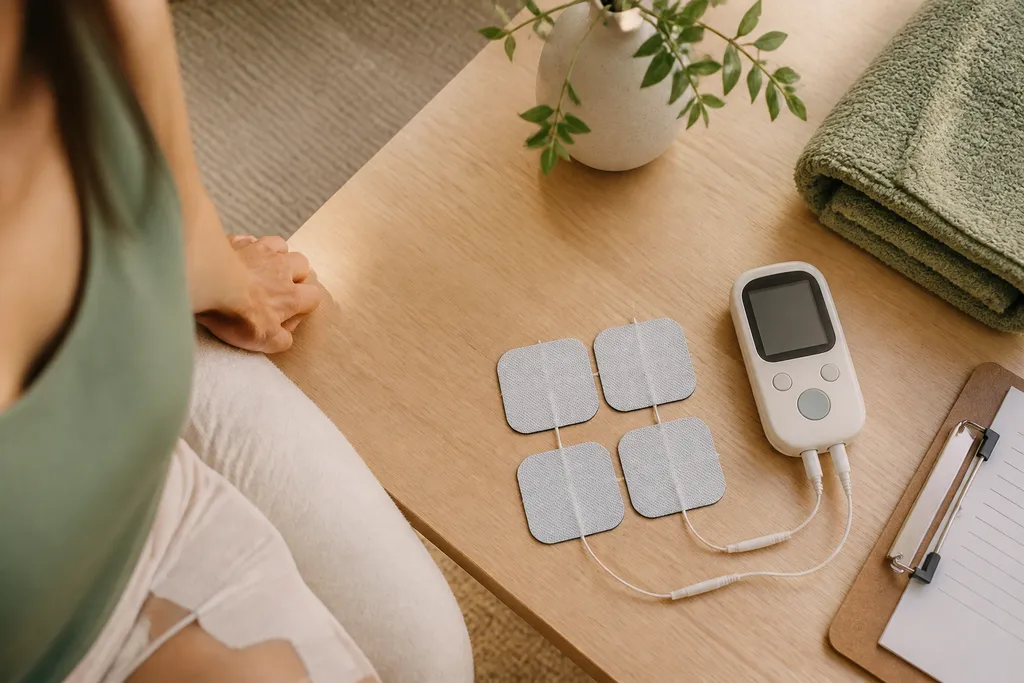 Compact TENS unit with lead wires on a clinic table