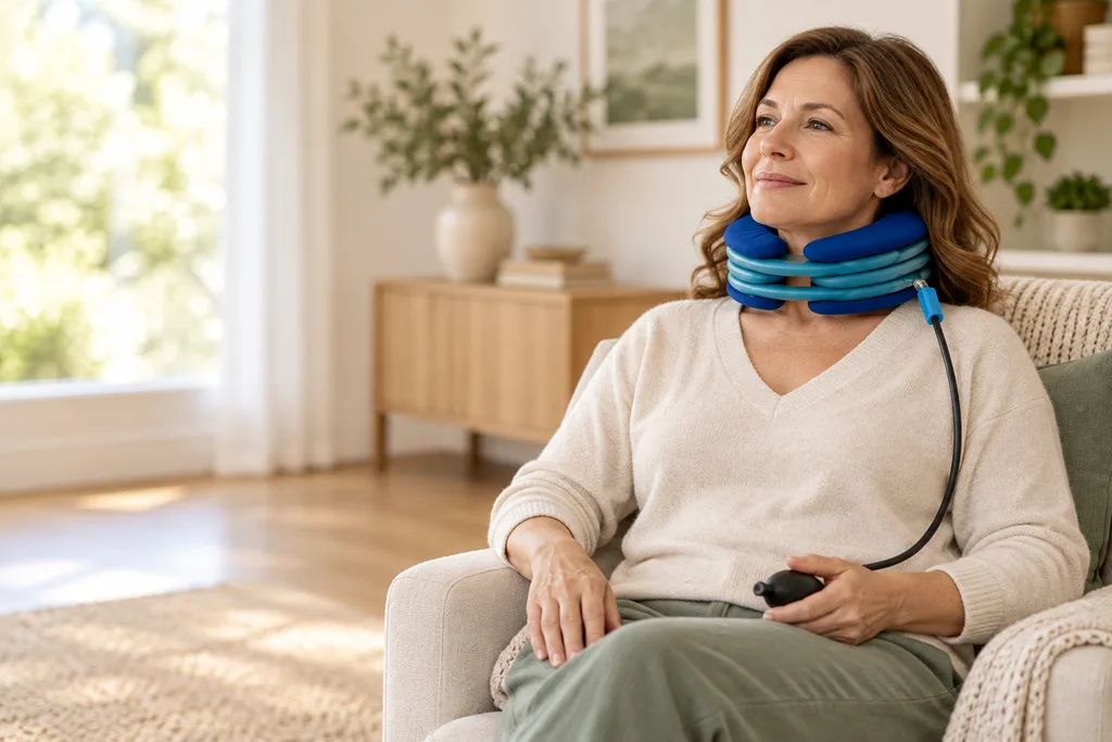 Woman seated at home wearing a blue inflatable cervical traction collar