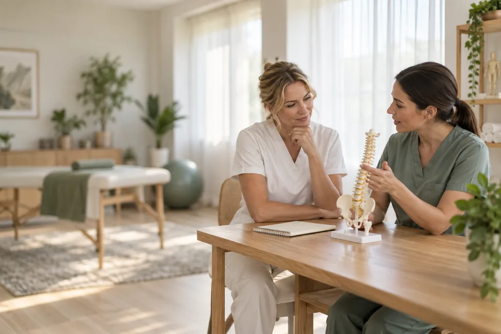 Therapists discussing home care in a bright clinic
