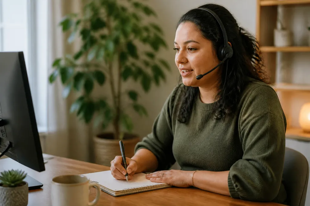 Support representative wearing a headset at a bright office desk