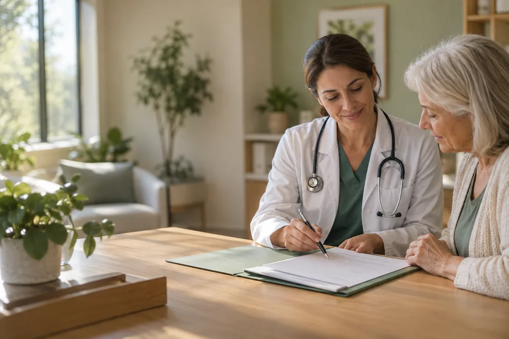 A patient reviewing documents with a clinic staff member