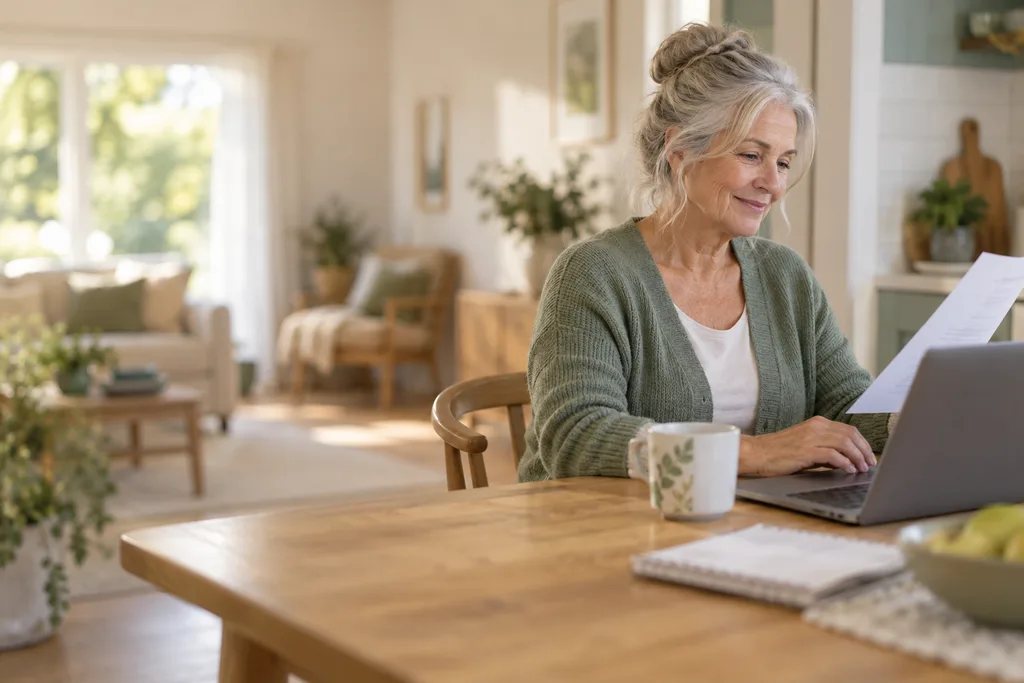 Woman reviewing a statement beside her laptop at home