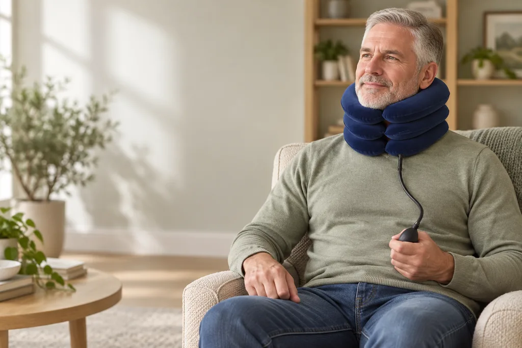 Man using a navy Pneu Neck II collar while seated in an armchair