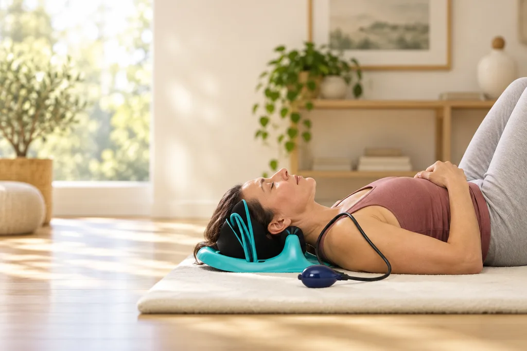 Woman resting on a mat with her neck supported by a Posture Pump