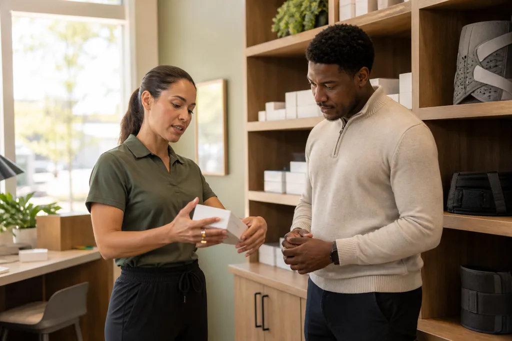 Physical therapist and a Liberty Medical Solutions representative reviewing a stocked clinic supply shelf