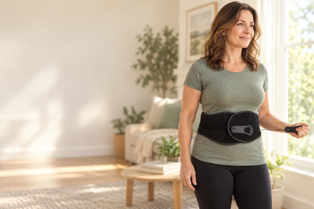 Woman adjusting the pull handle of a black Strength Brace at home