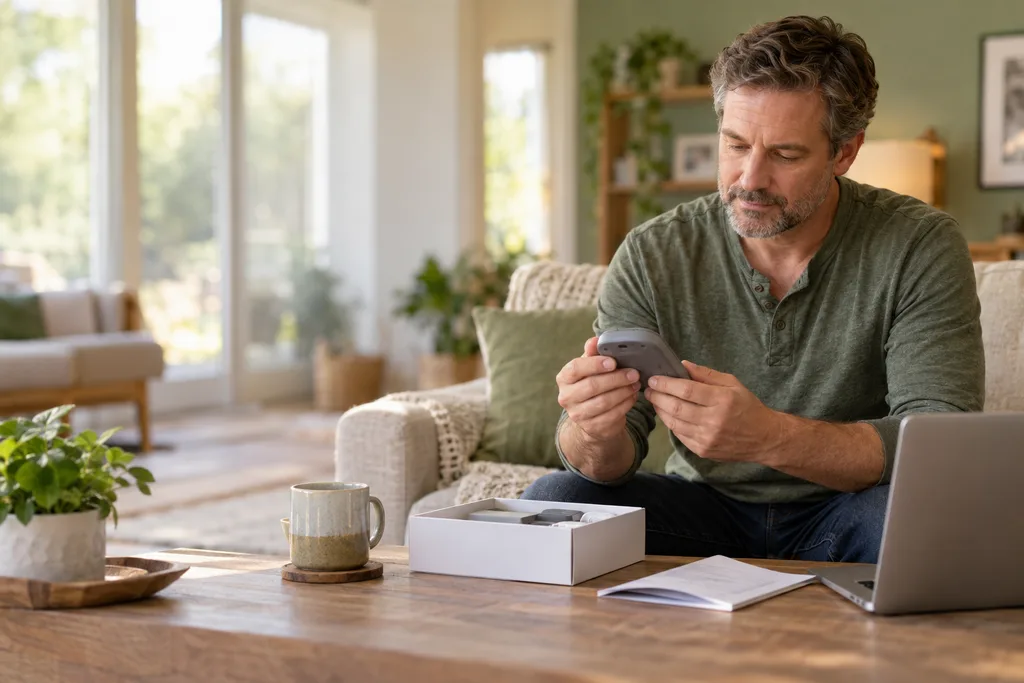Man checking his device beside its packaging and a laptop